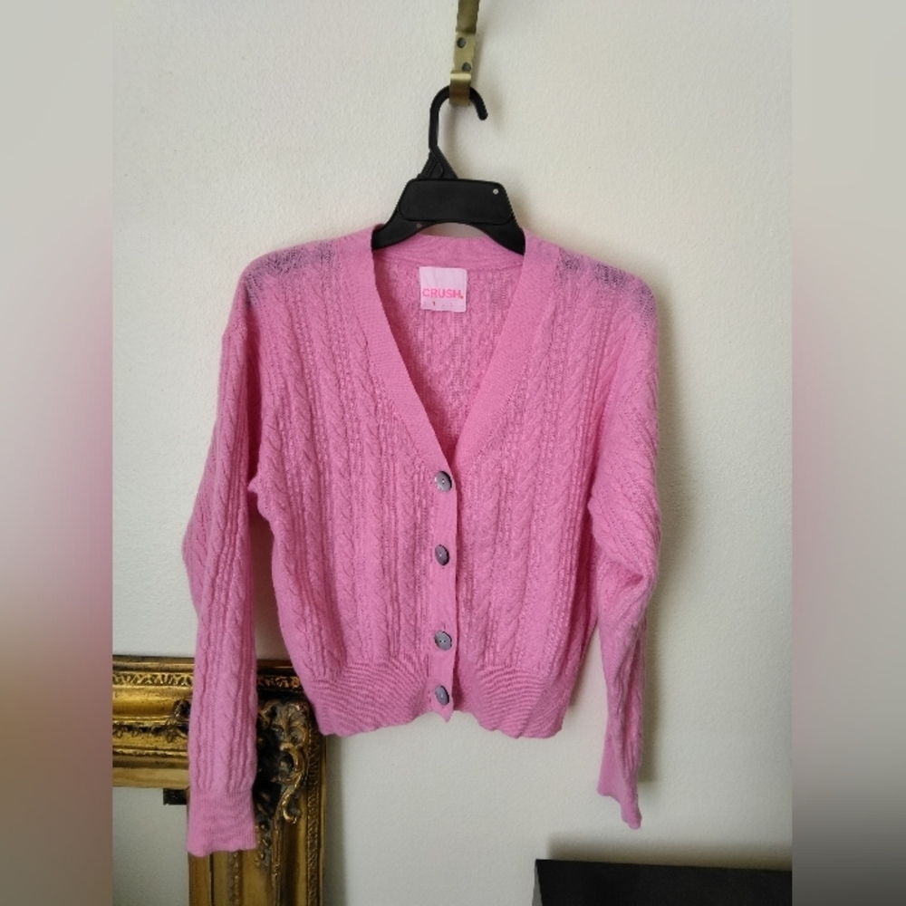 Crush Women's 100% Cashmere Cable Knit Cardigan Colorblock Pink Size S